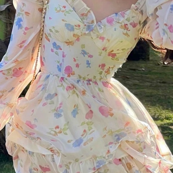 Floral Printed Chiffon Puff Sleeve Ruffled Tiered Birthday Party Flirty … - Picture 8 of 9